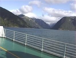6.0 miles:  Our ferry prepares to leave Dragsvik for our crossing of the largest fjord in Norway, the Sognefjord